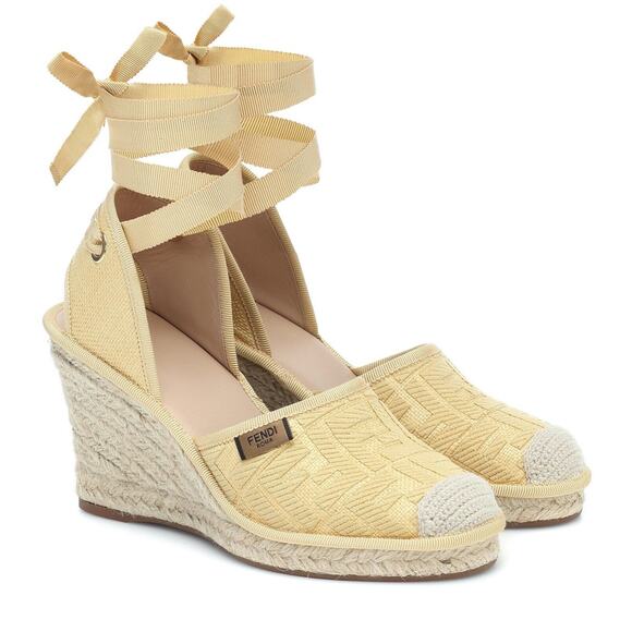 Fendi Roma Natural FF Logo Ankle Strap Lace Up Sandal Espadrille Wedge Heel 41 - Picture 2 of 12